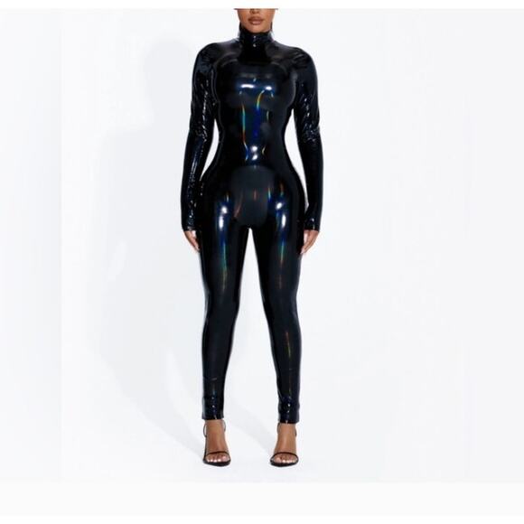 Naked Wardrobe The Vinyl Turtleneck Jumpsuit in Black Womens Sz XL Long sleeve - Picture 1 of 14